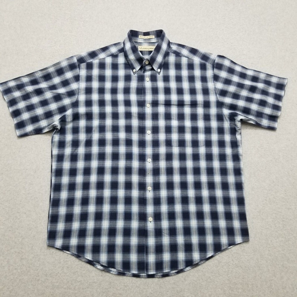 Munsingwear Shirt Mens Medium Blue Plaid Button Up Short Sleeve Pockets
